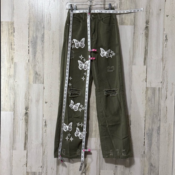 SHEIN Olive Green Butterfly Straight Loose Fit Jeans - Picture 7 of 10